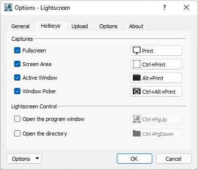 Configurer les raccourcis clavier de Lightscreen