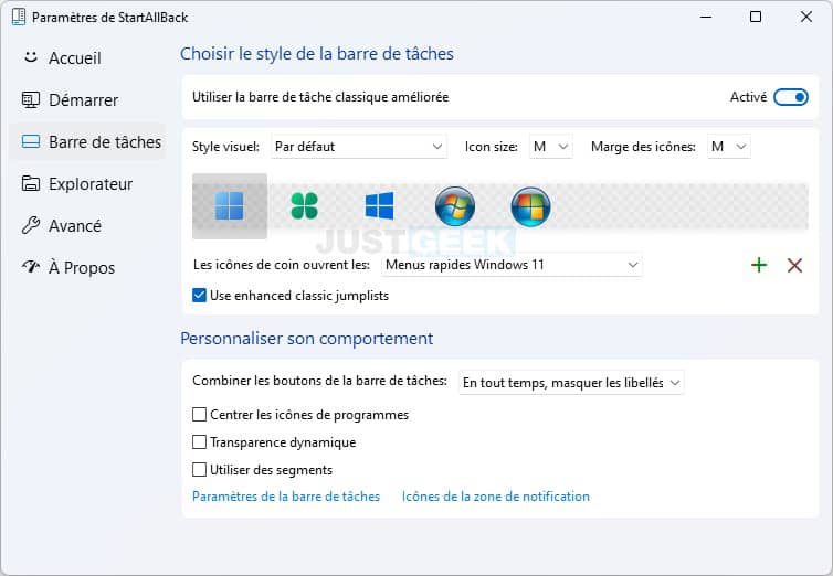 Personnaliser le style de la barre des tâches de Windows 11 avec StartAllBack