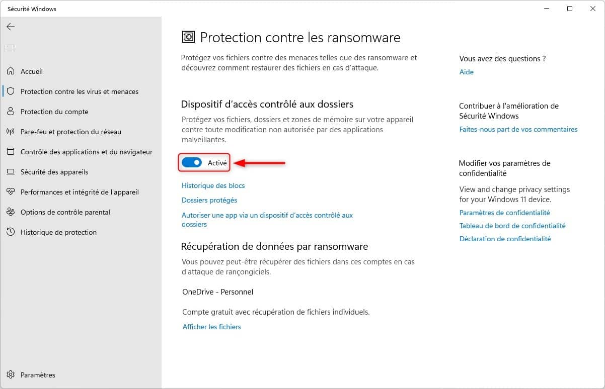 Activer la protection anti-ransomware dans Windows 11