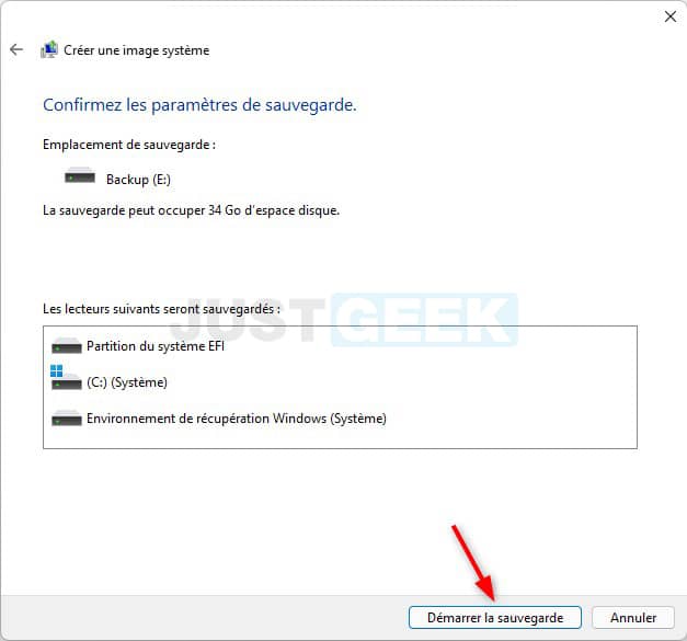 Démarrer la sauvegarde de l'image système dans Windows 11