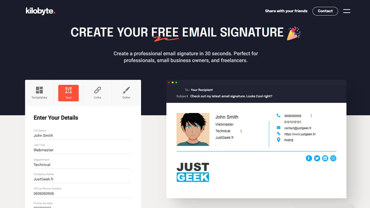 Créer une signature mail gratuite avec Kilobyte