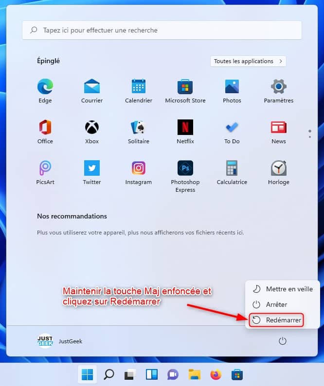 Démarrer Windows 11 en mode sans échec depuis le menu Démarrer