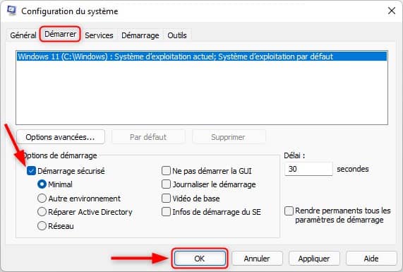 Démarrer Windows 11 en mode sans échec depuis la configuration du système