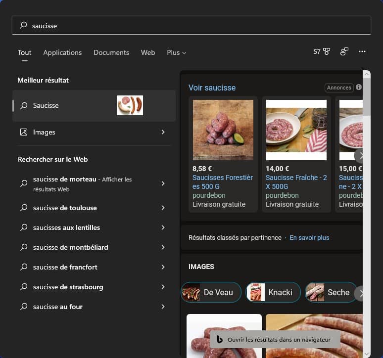 Exemple de recherche dans le menu Démarrer de Windows 11