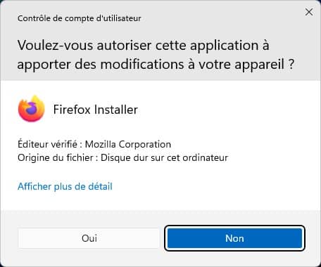 Exemple de fenêtre de contrôle de compte d'utilisateur sous Windows 11