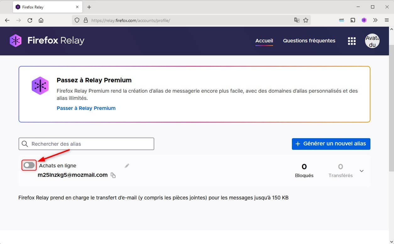 Firefox Relay : bloquer temporairement un alias d'adresse mail