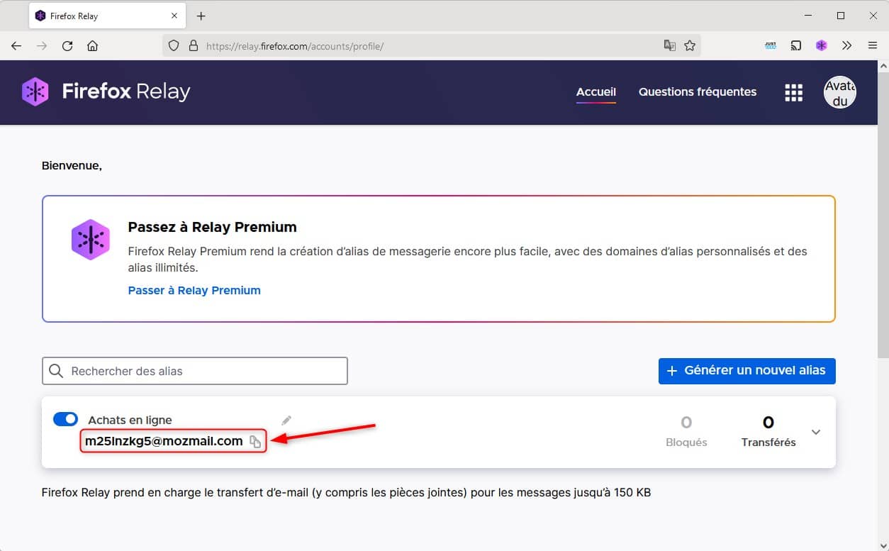 Firefox Relay : exemple d'alias d'adresse email 