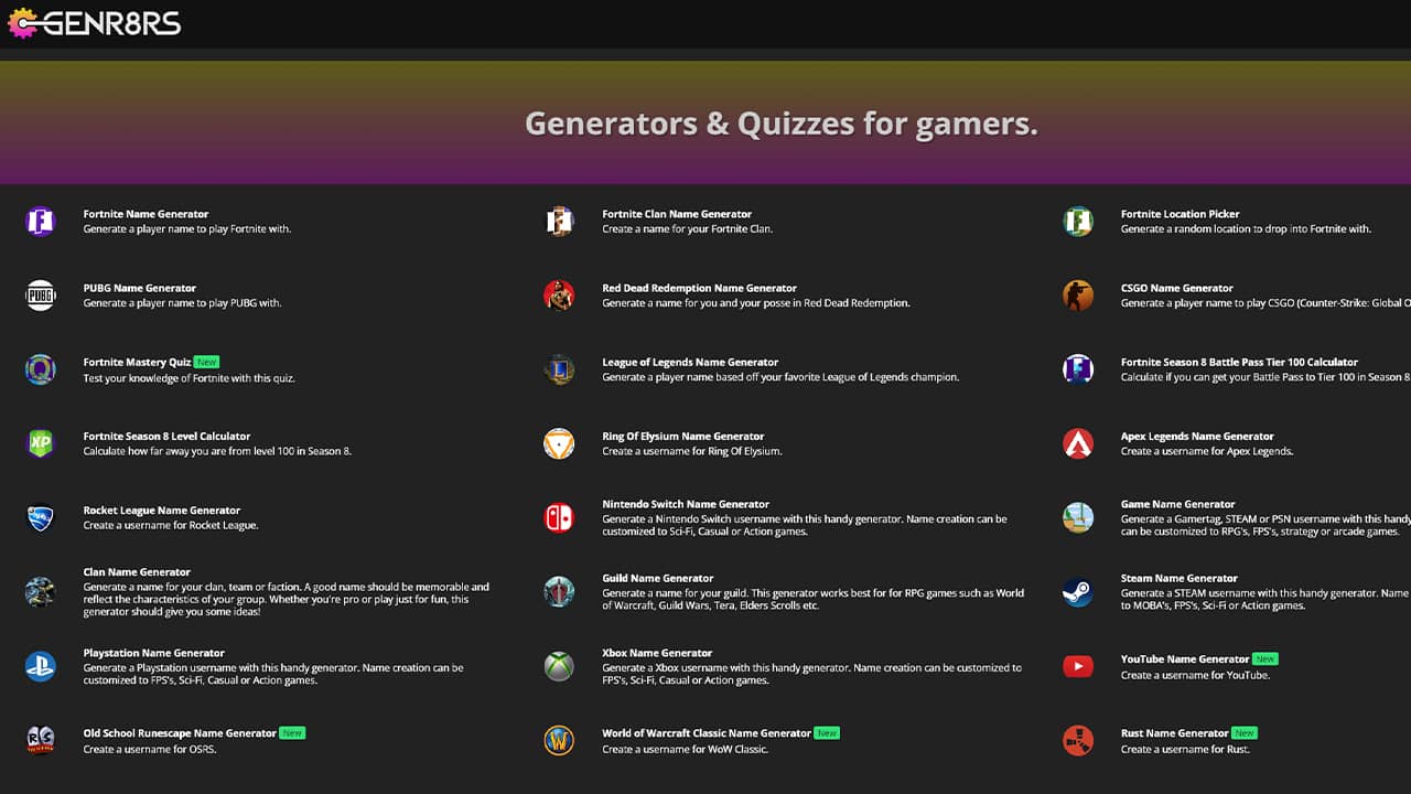 Genr8rs: a free nickname and clan name generator