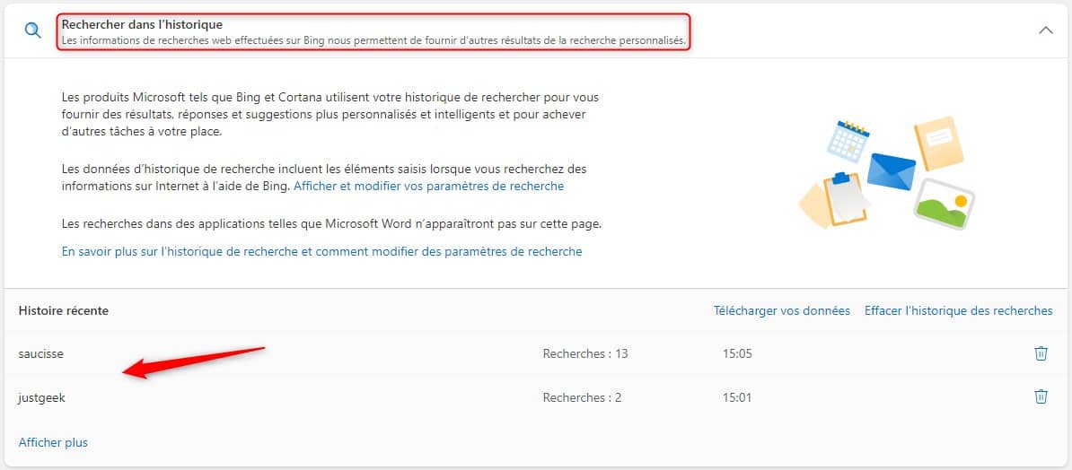 Historique de recherche Bing Microsoft