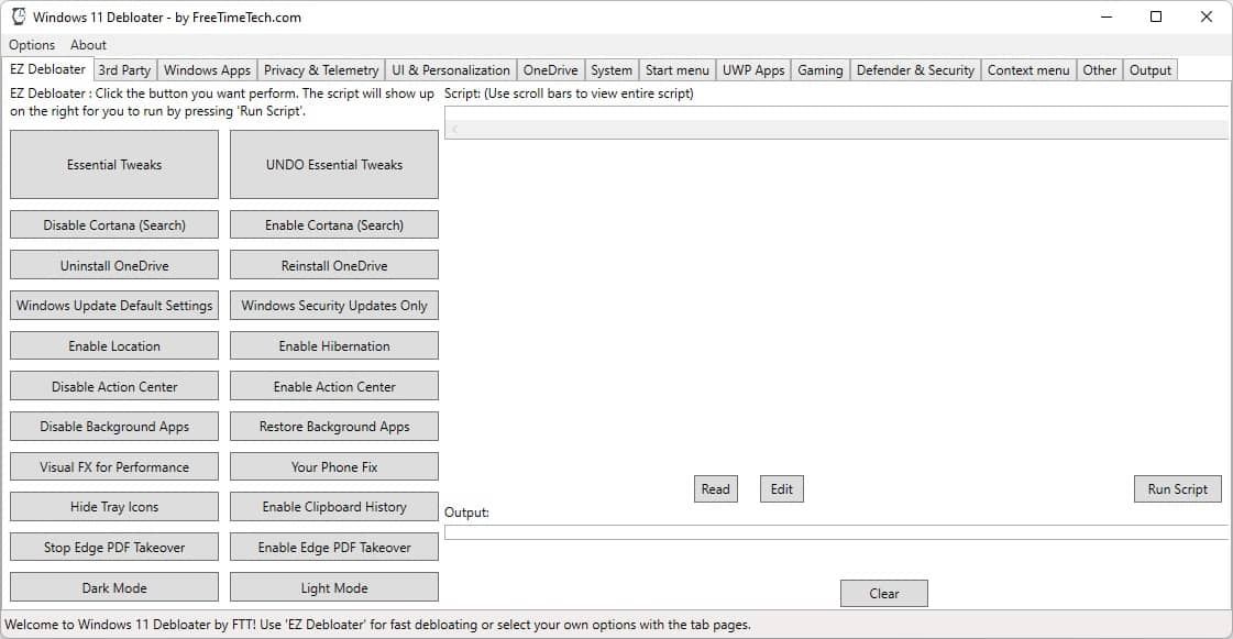 Interface du logiciel Windows 11 Debloater
