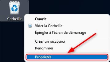 Propriétés de la Corbeille Windows 11