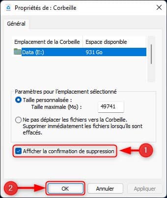 Afficher la confirmation de suppression dans Windows 11