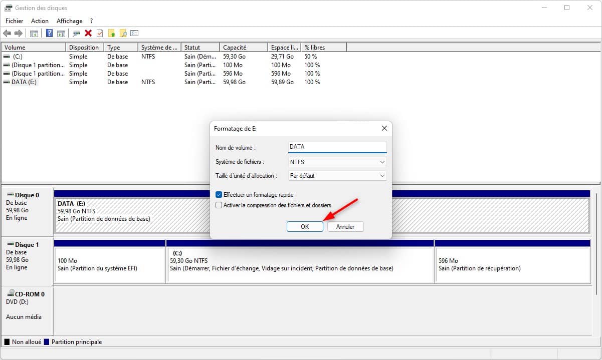 Formater un disque dur/SSD avec l'outil Gestion des disques sous Windows 11