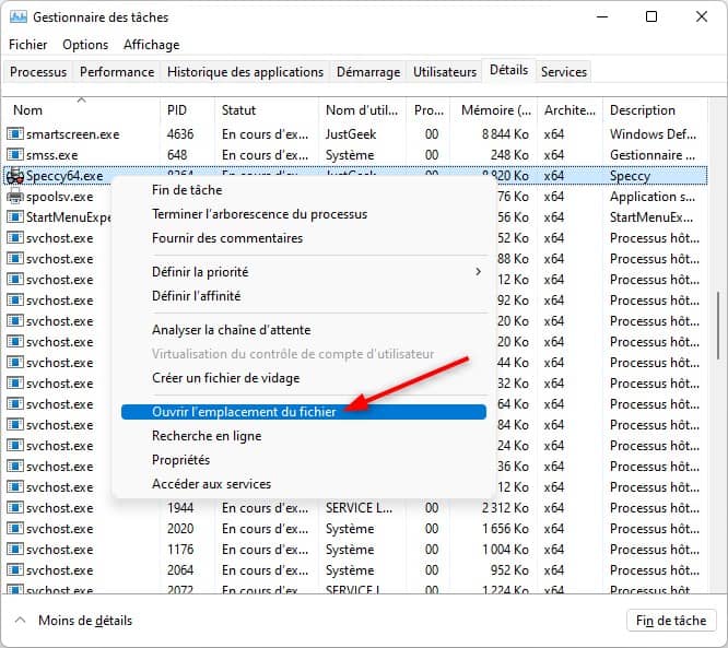 Localiser le dossier d'installation d'un programme à l'aide du Gestionnaire des tâches sous Windows 11