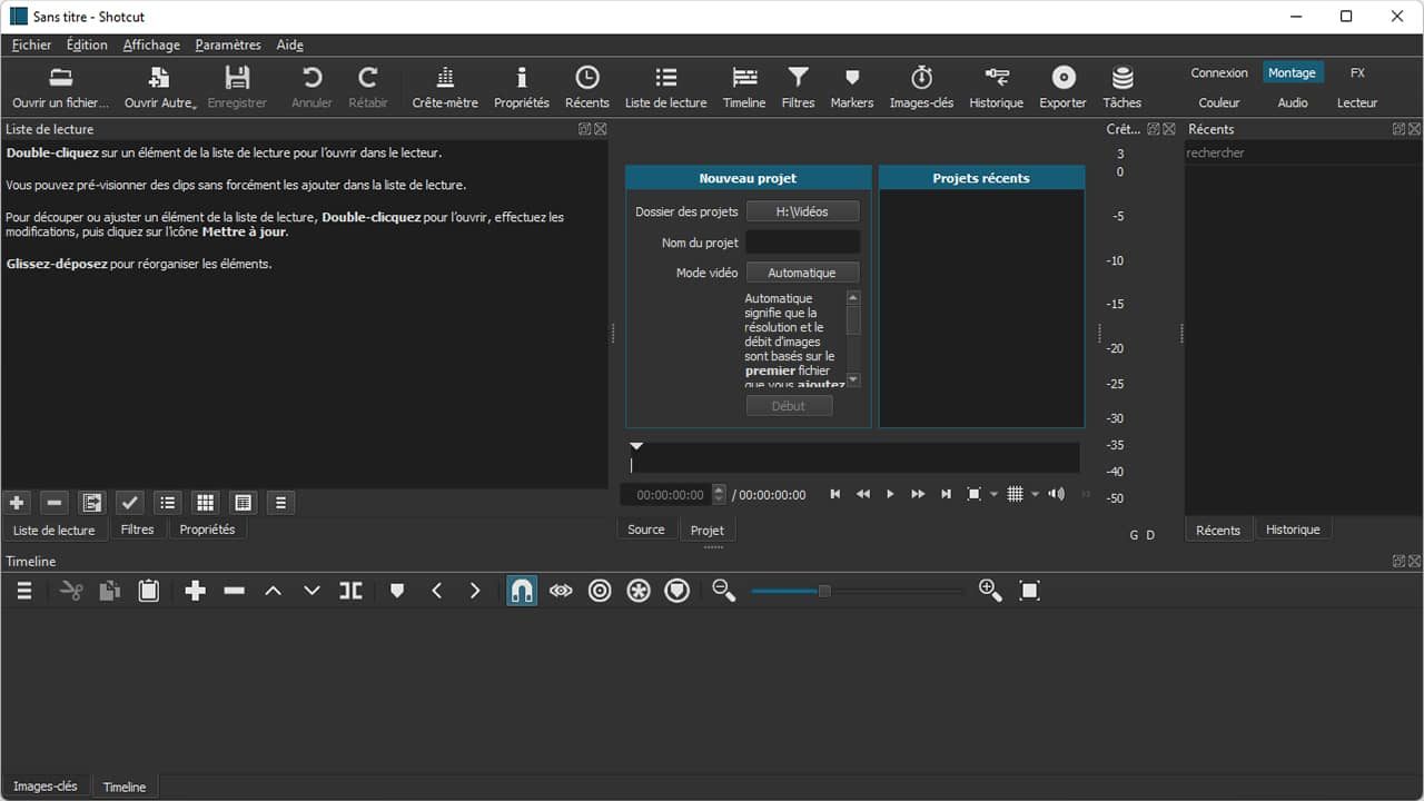Shotcut : Interface du logiciel de montage vidéo gratuit