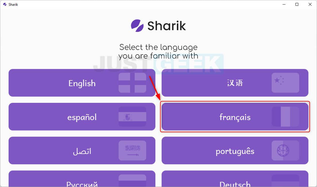 Sélectionnez la langue dans le logiciel Sharik