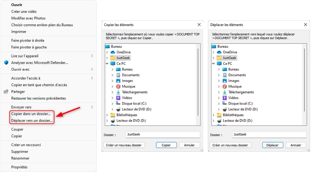 Ajouter « Copier vers le dossier » et « Déplacer vers le dossier » au menu contextuel de Windows 11