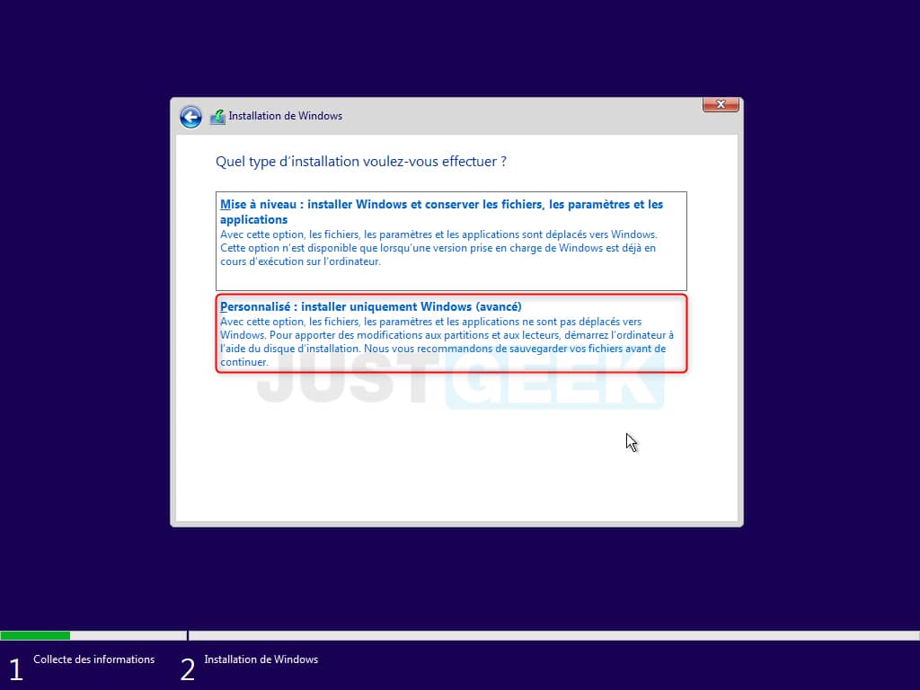 Option d'installation personnalisée de Windows 11
