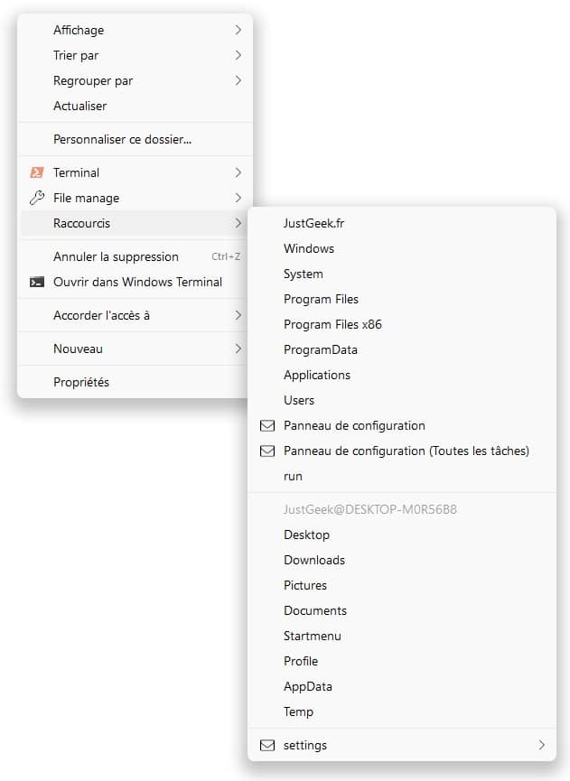 Exemple de menu contextuel Shell