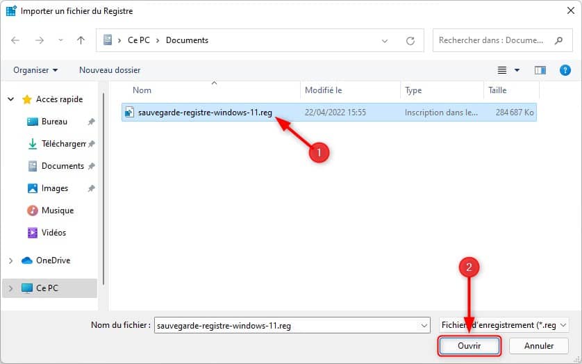 Restaurer le registre de Windows 11 à partir d'un fichier REG