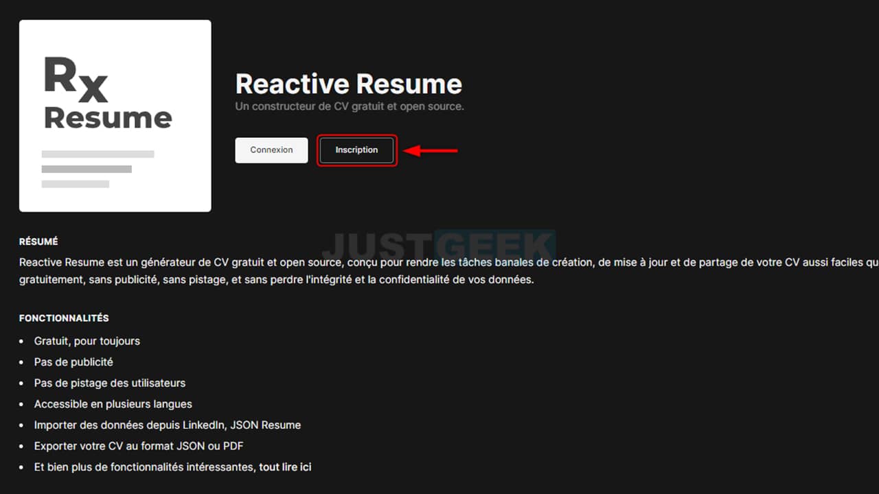 Inscription sur Reactive Resume