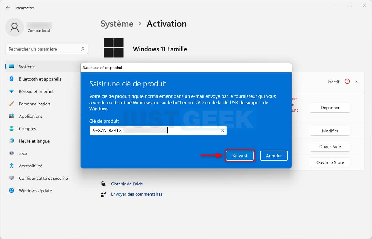 Saisissez la clé de produit Windows 11