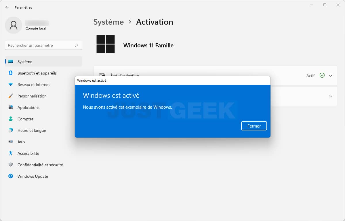 Windows 11 est activé