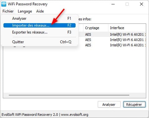Importer des réseaux WiFi avec WiFi Password Recovery