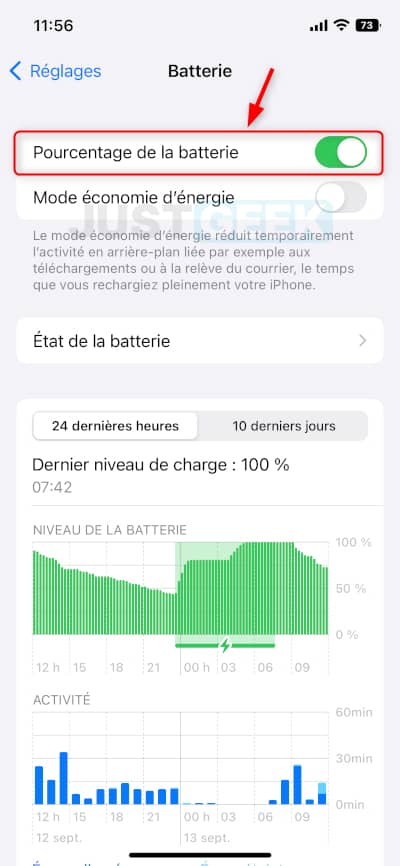 Afficher le pourcentage de la batterie sur iPhone