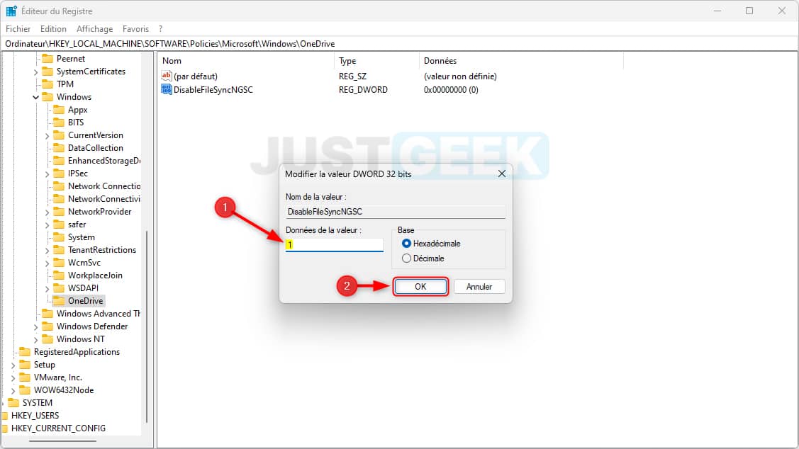 Désactiver OneDrive depuis l'Éditeur du Registre sur Windows 11