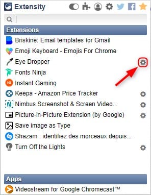 Accéder aux options d'une extension Chrome avec Extensity
