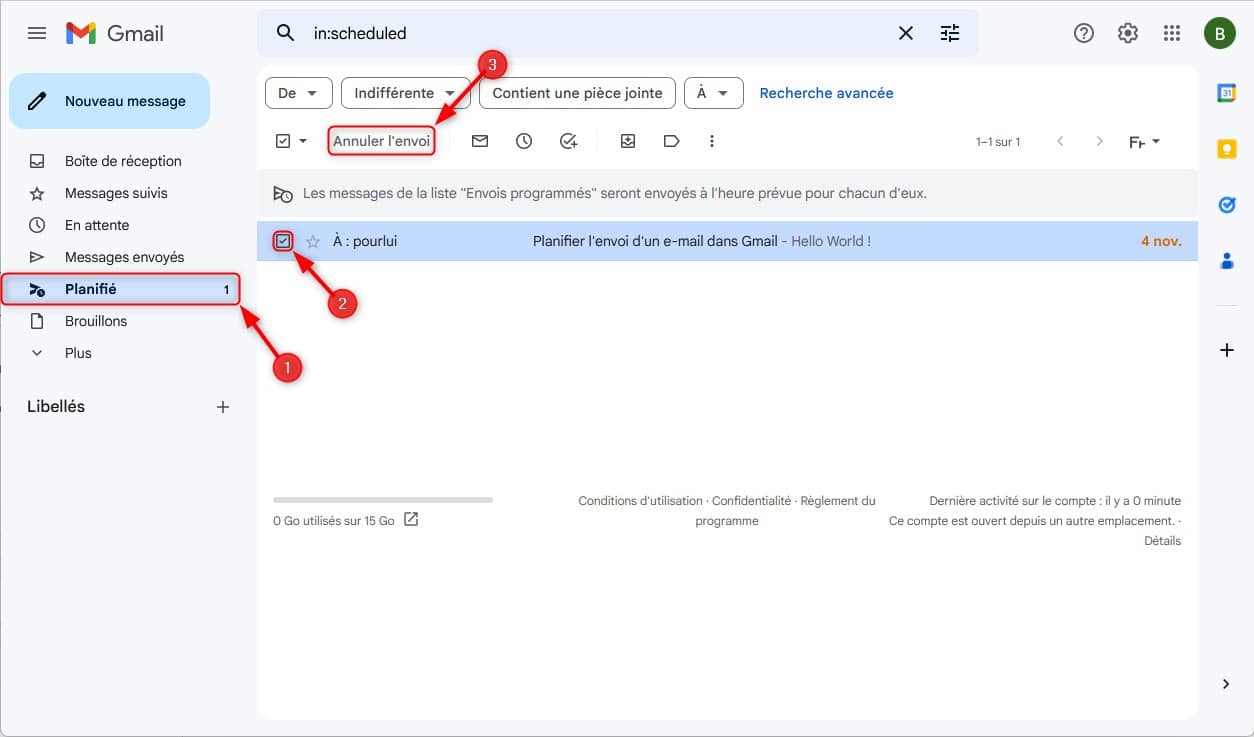 Annuler l'envoi d'un e-mail planifié dans Gmail