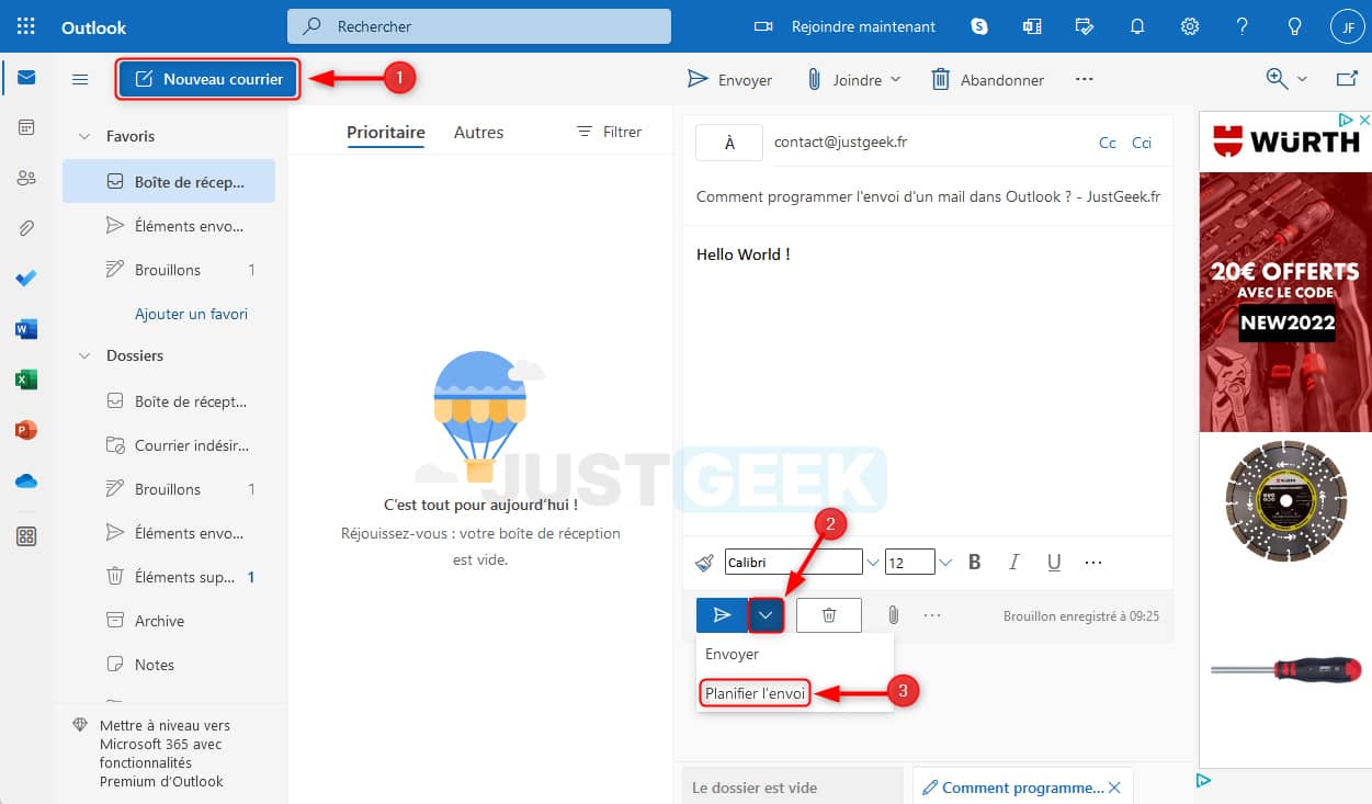 Planifier l'envoi d'un mail sur Outlook.live