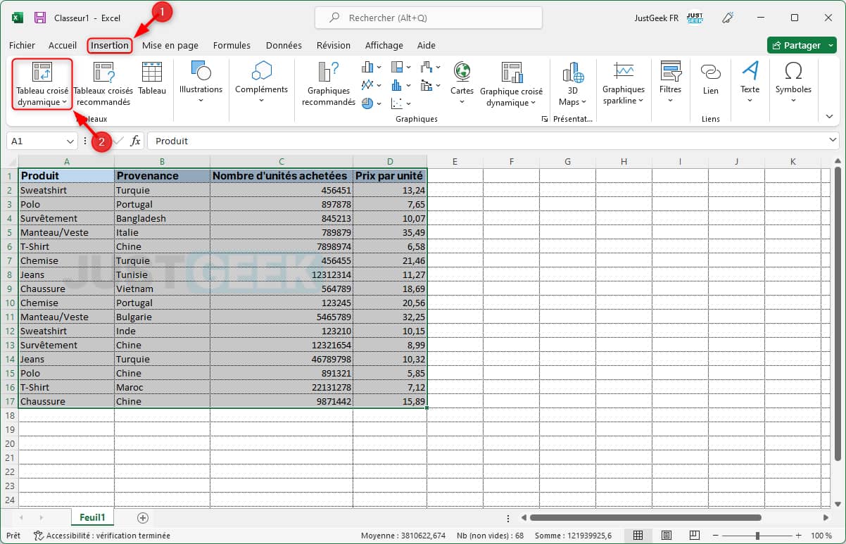 Insérer le tableau croisé dynamique sur Excel