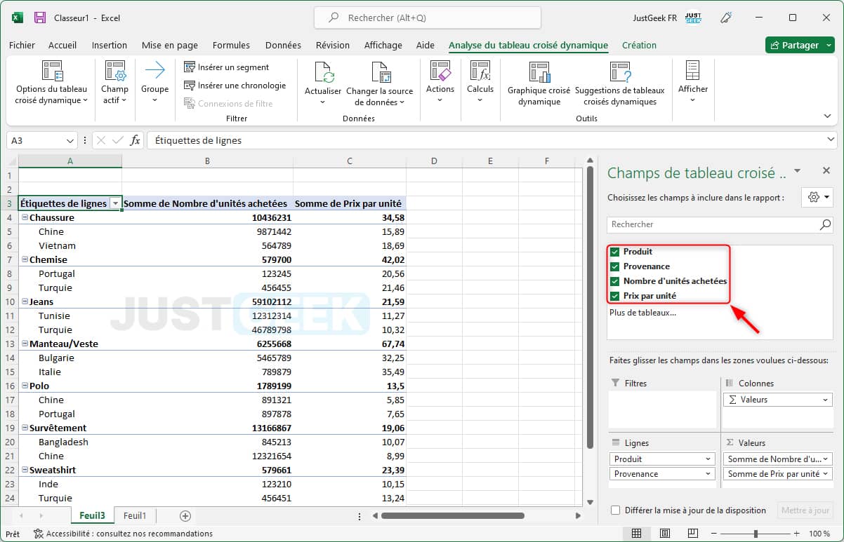 Remplir le tableau croisé dynamique avec des données sur Excel