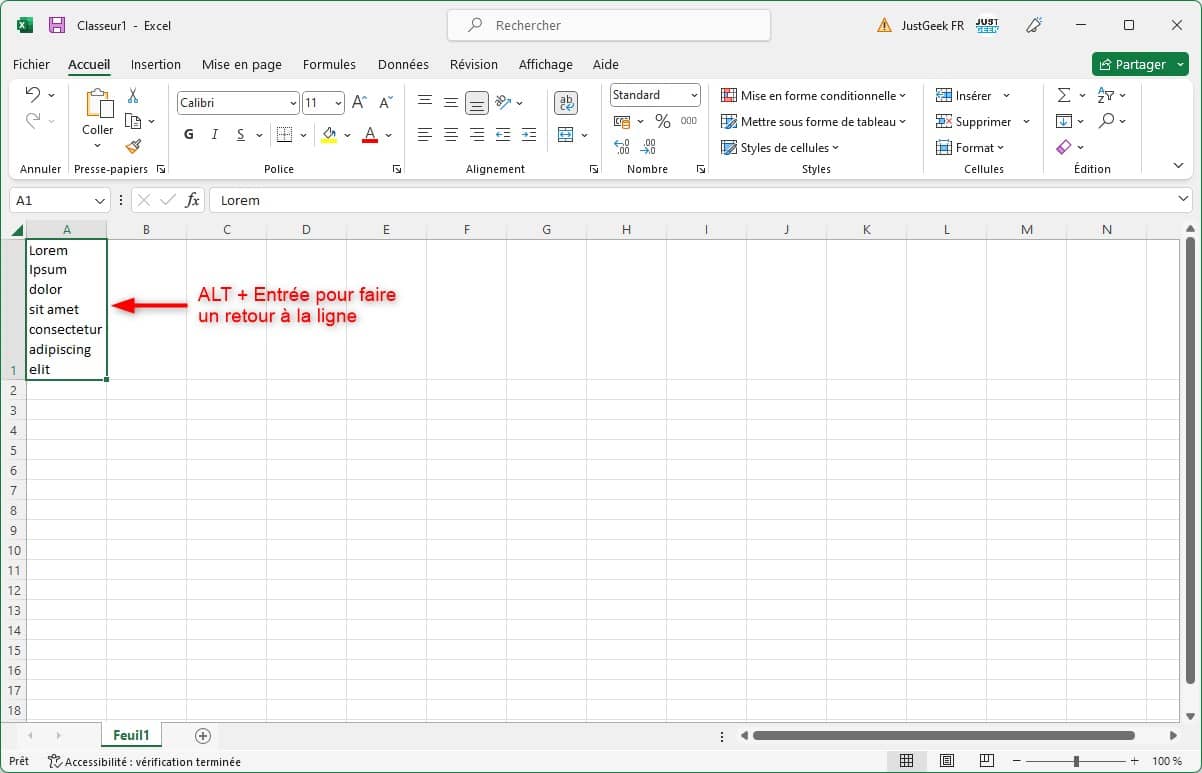 Insérer un saut de ligne dans une cellule Excel