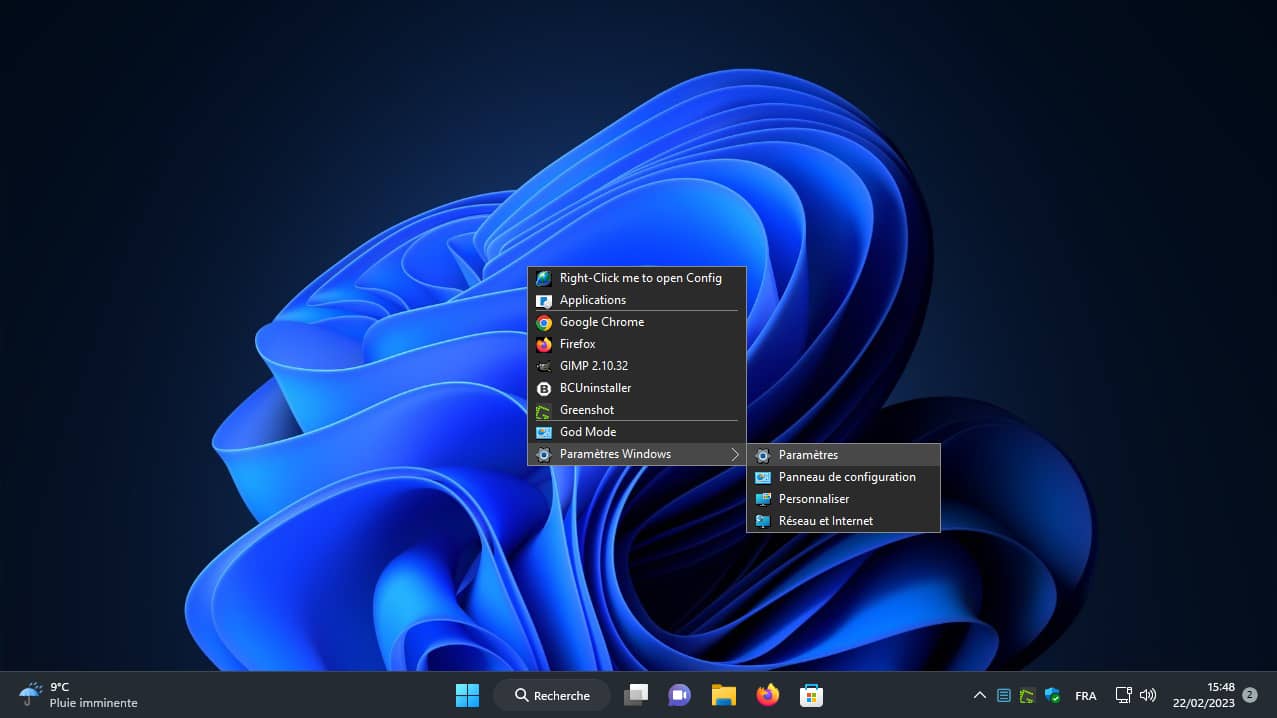 Exemple de menu de bureau Windows personnalisé avec Custom Menu