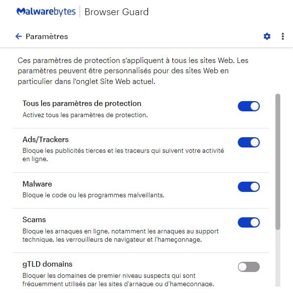 Paramètres de Malwarebytes Browser Guard