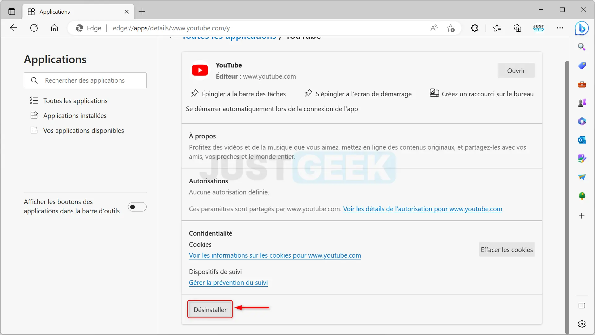 Désinstaller l'application YouTube depuis Microsoft Edge