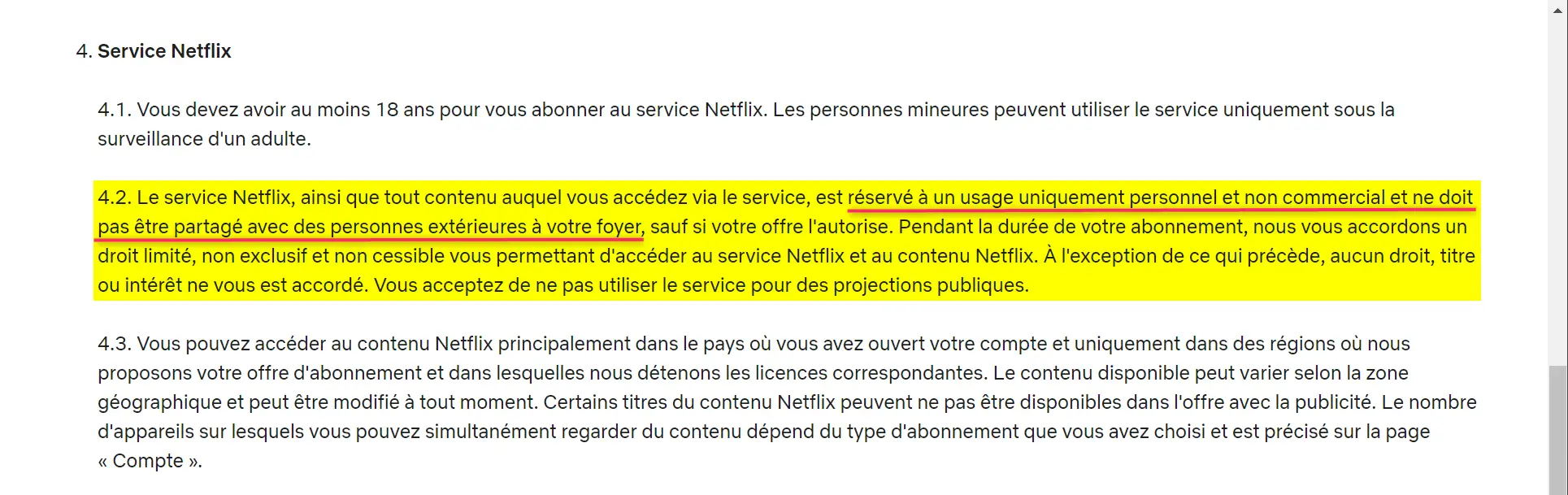 CGU : Interdiction du partage de compte Netflix