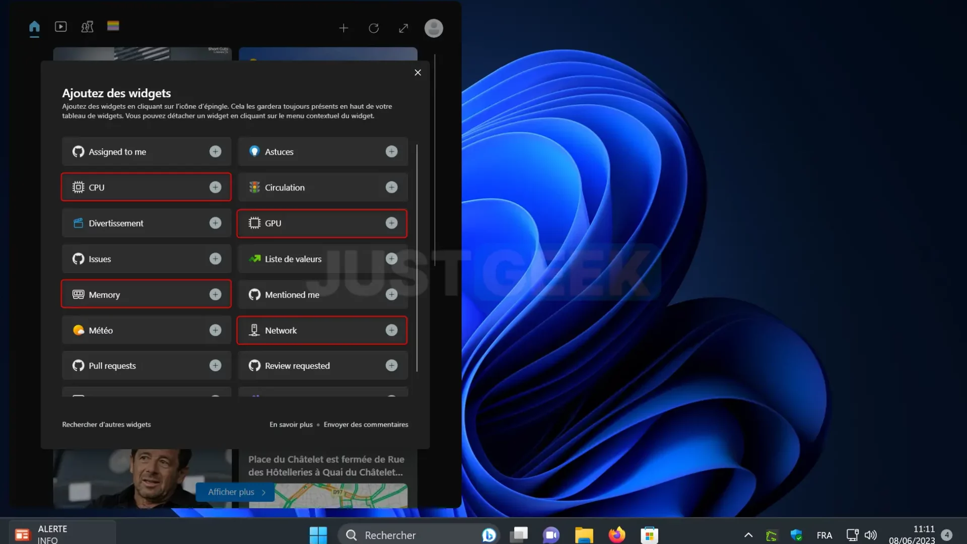 Ajouter les widgets de suivi de performances (CPU, GPU, RAM et réseau) sur Windows 11