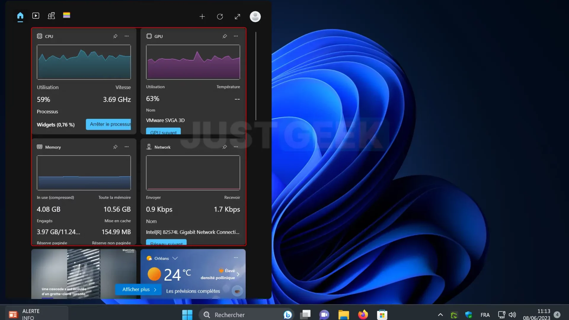 Aperçu des widgets pour surveiller les performances d'un PC Windows 11