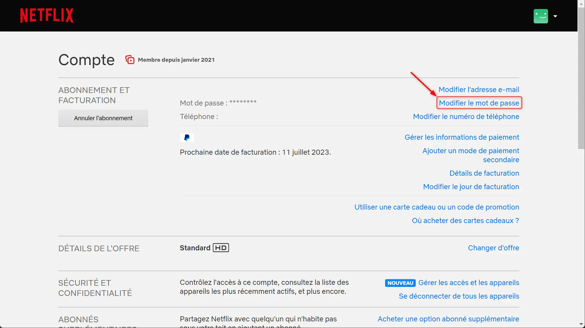Modifier le mot de passe Netflix