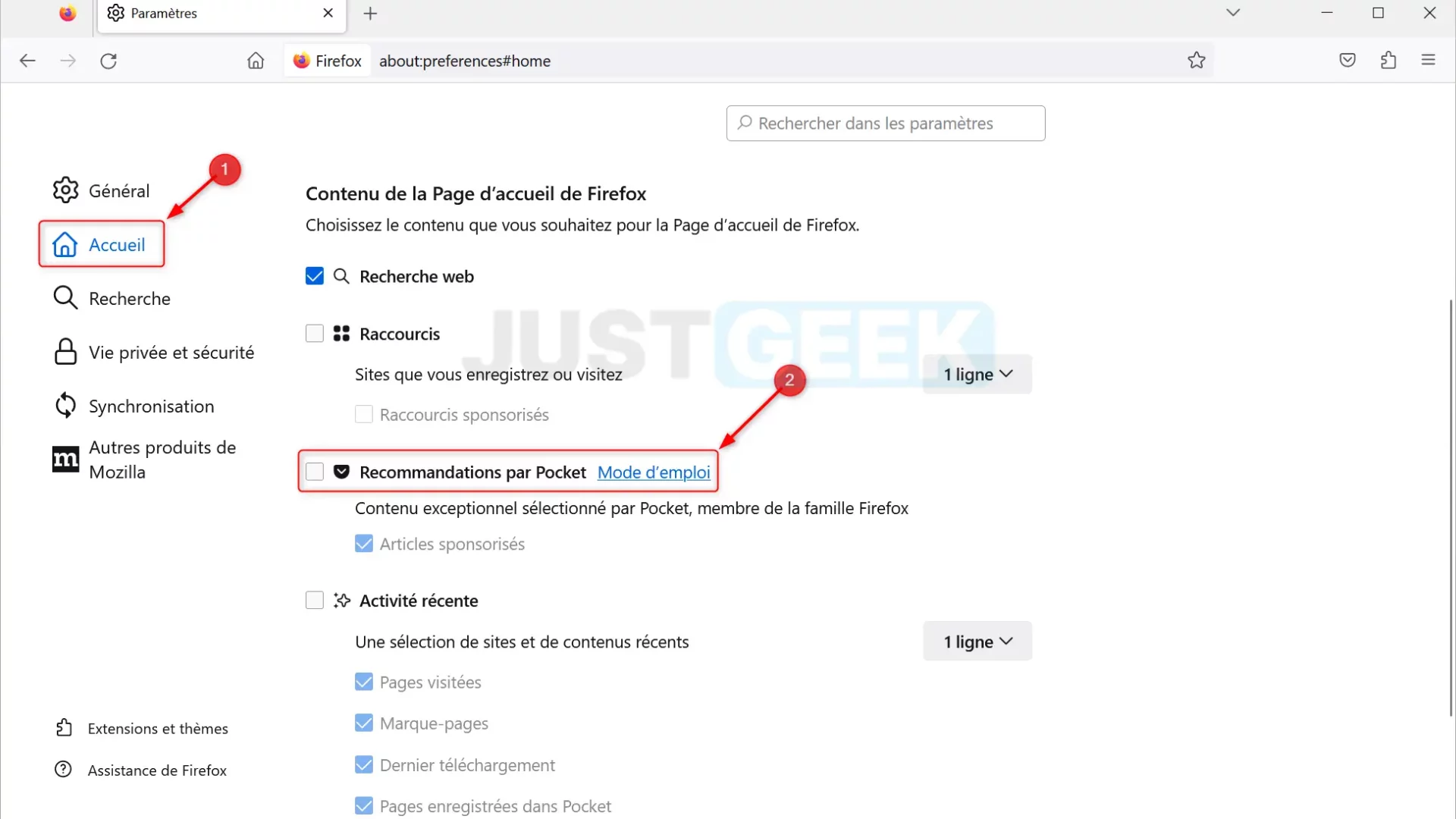 Désactiver les recommandations par Pocket sur Firefox