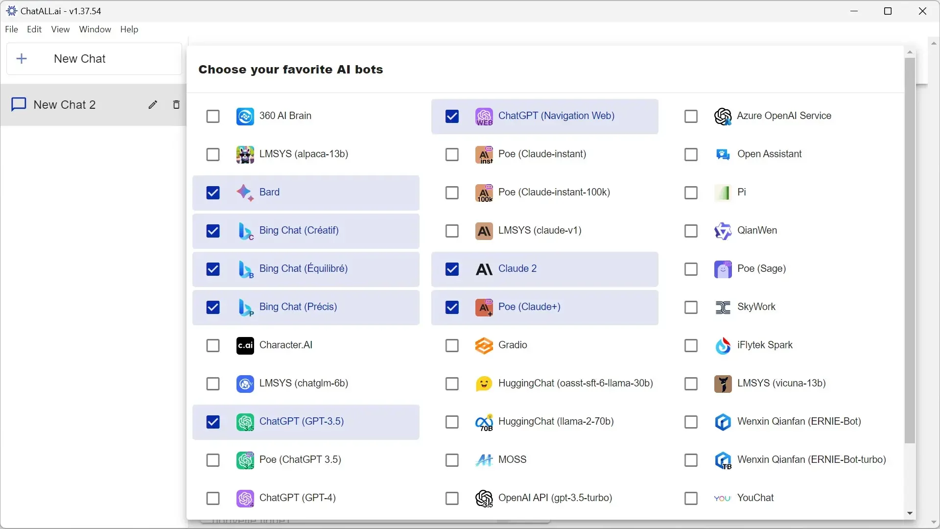 Tous les chatbots IA disponibles dans ChatALL