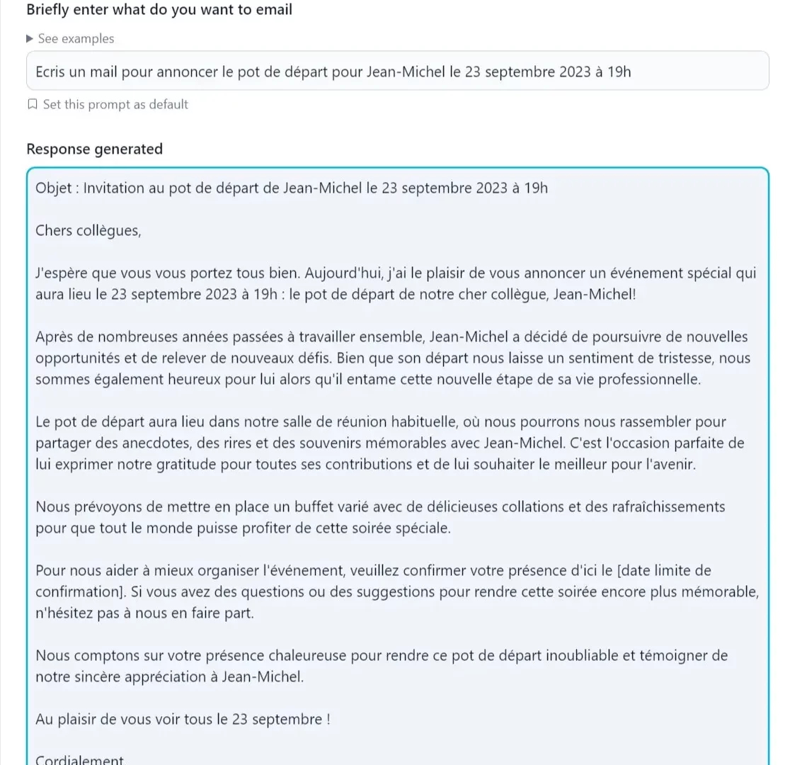 Exemple de rédaction d'un e-mail par IA avec ChatGPT Writer