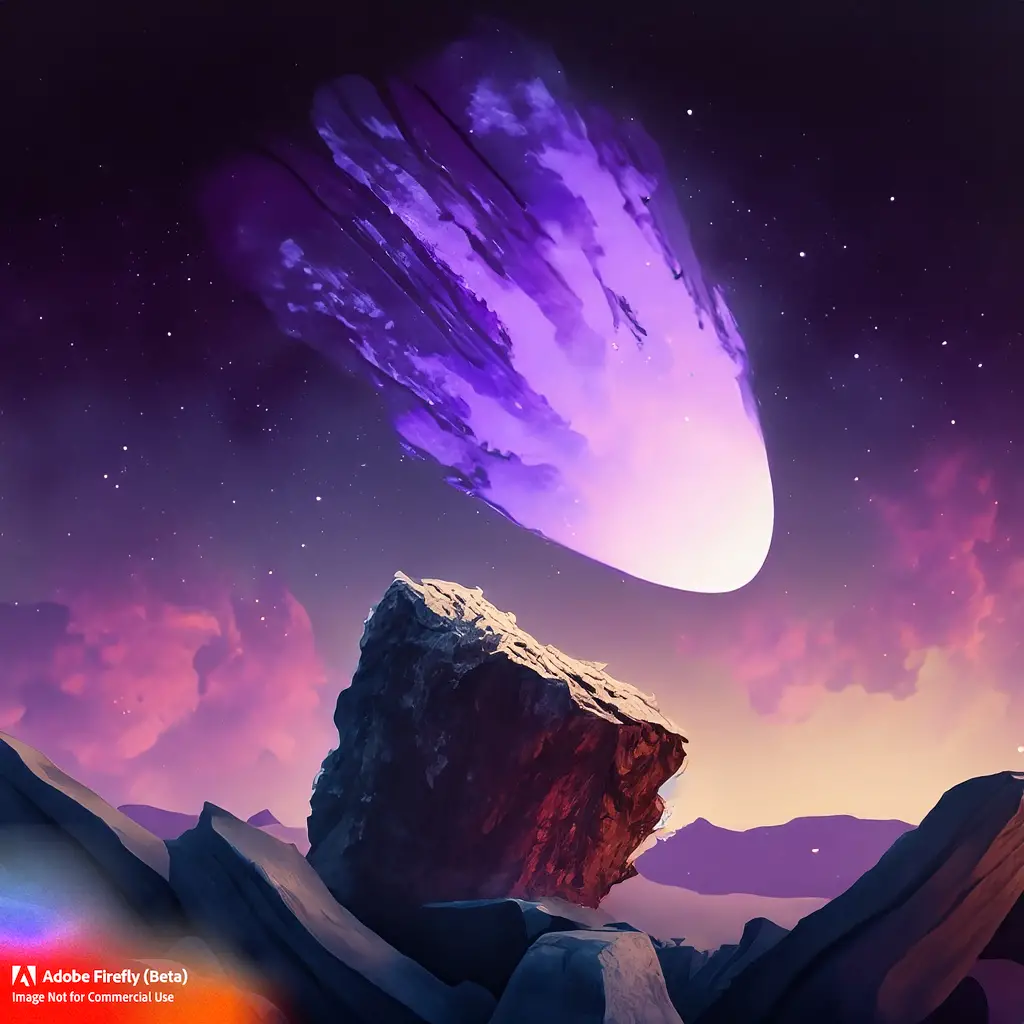 Adobe Firefly : Un rocher dans le ciel avec une comète violette