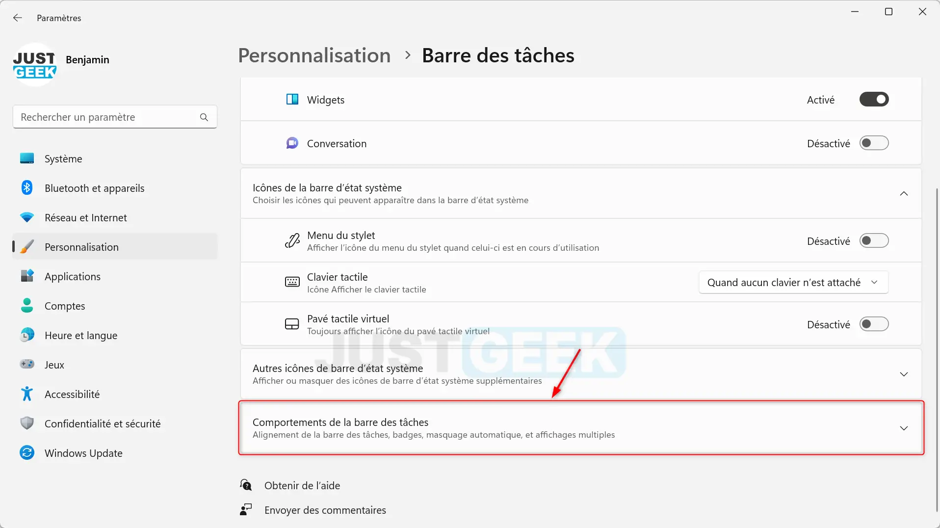 Comportements de la barre des tâches