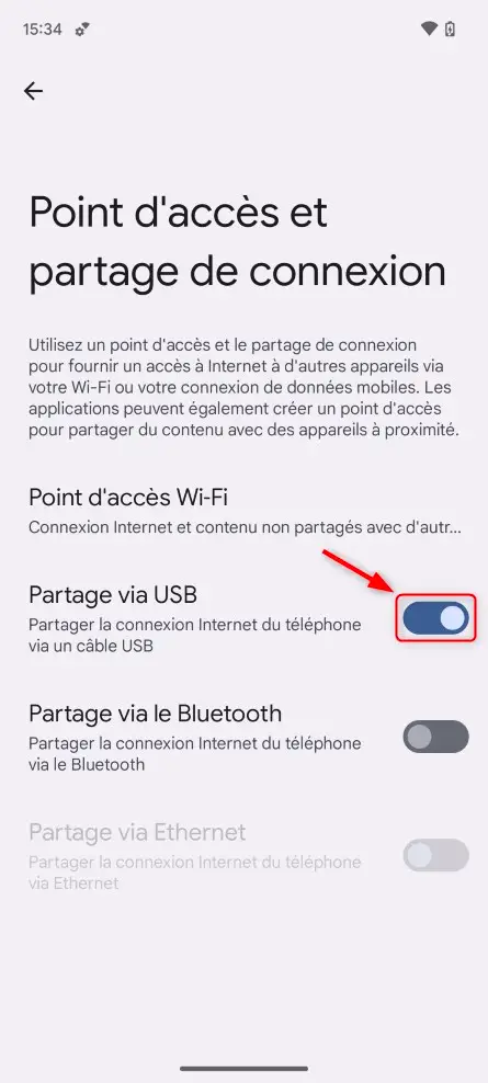 Partage de connexion Android via USB