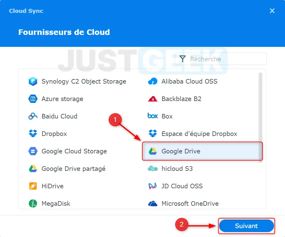 Sélectionnez votre service Cloud dans Cloud Sync